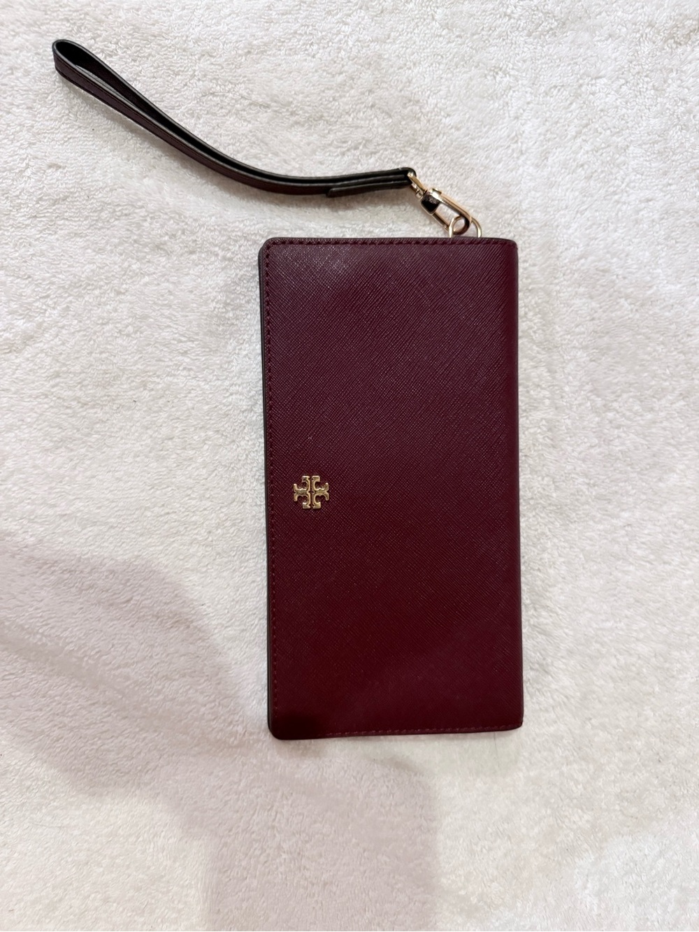 Tory Burch Maroon Leather Wristlet Wallet with Gold Logo